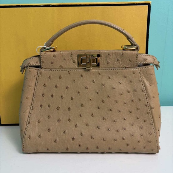 Fendi Handbags - Fendi Mini Peekaboo in Beige Ostrich leather with Gold Accents